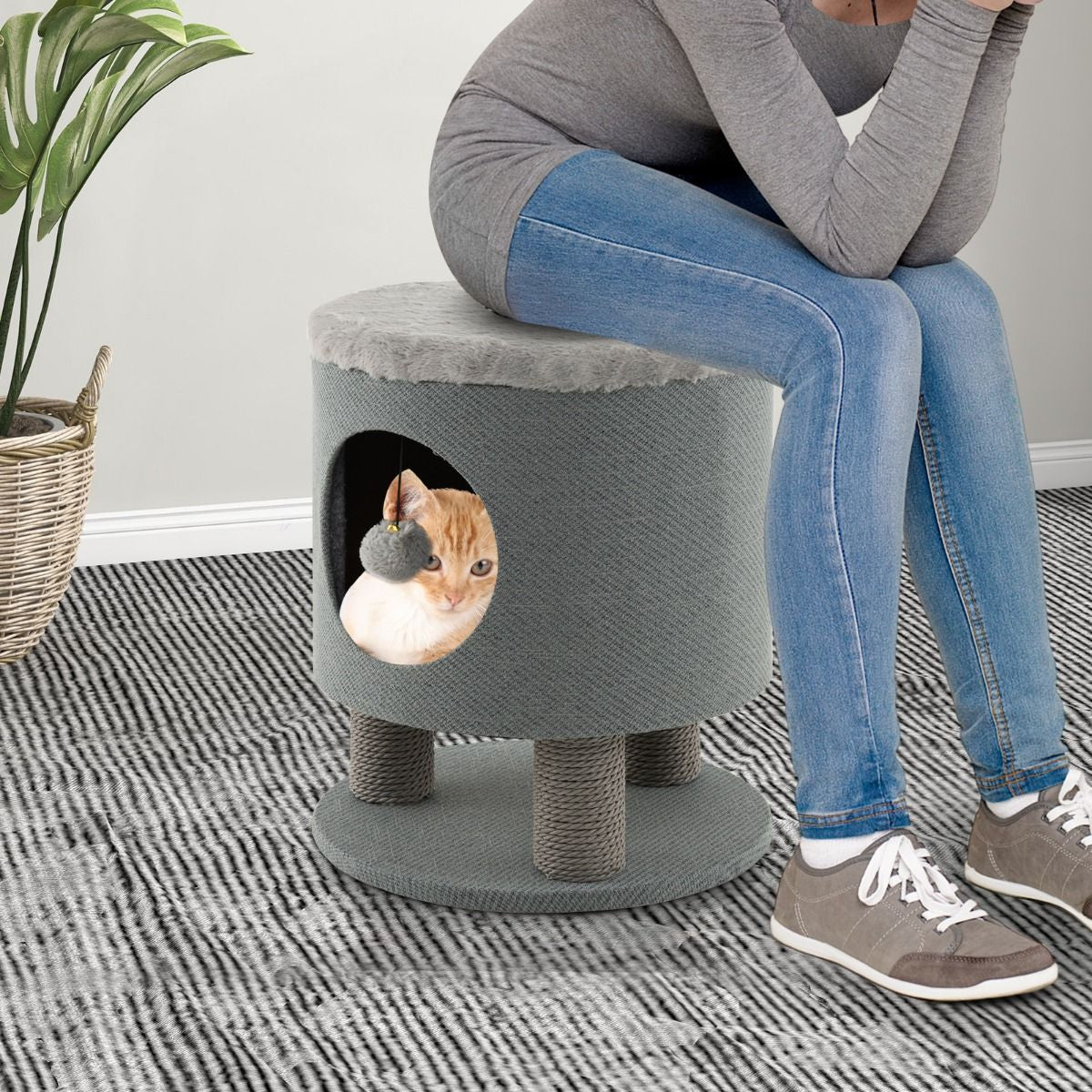 Cat Condo Stool for Indoor Cats with Scratching Posts and Plush Ball Toy