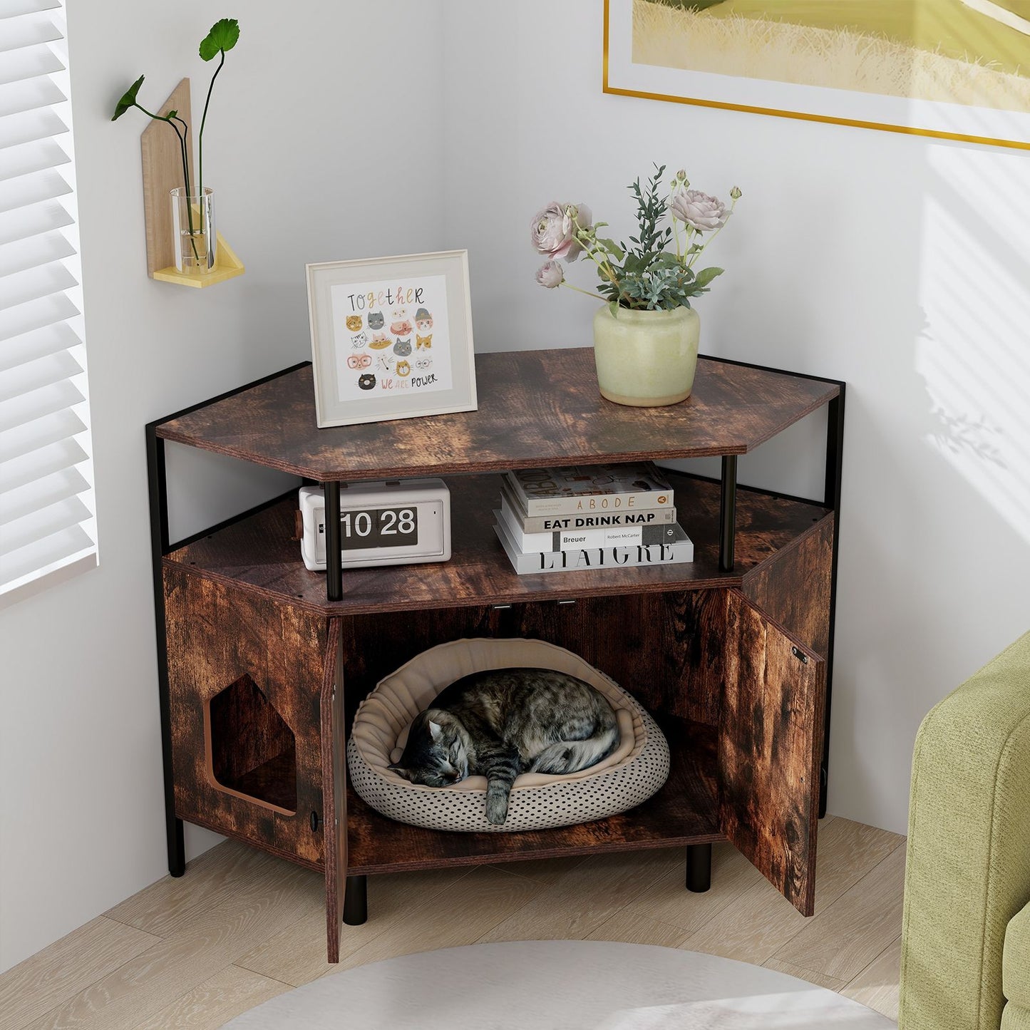 Corner Cat Litter Box Enclosure with Open Shelf