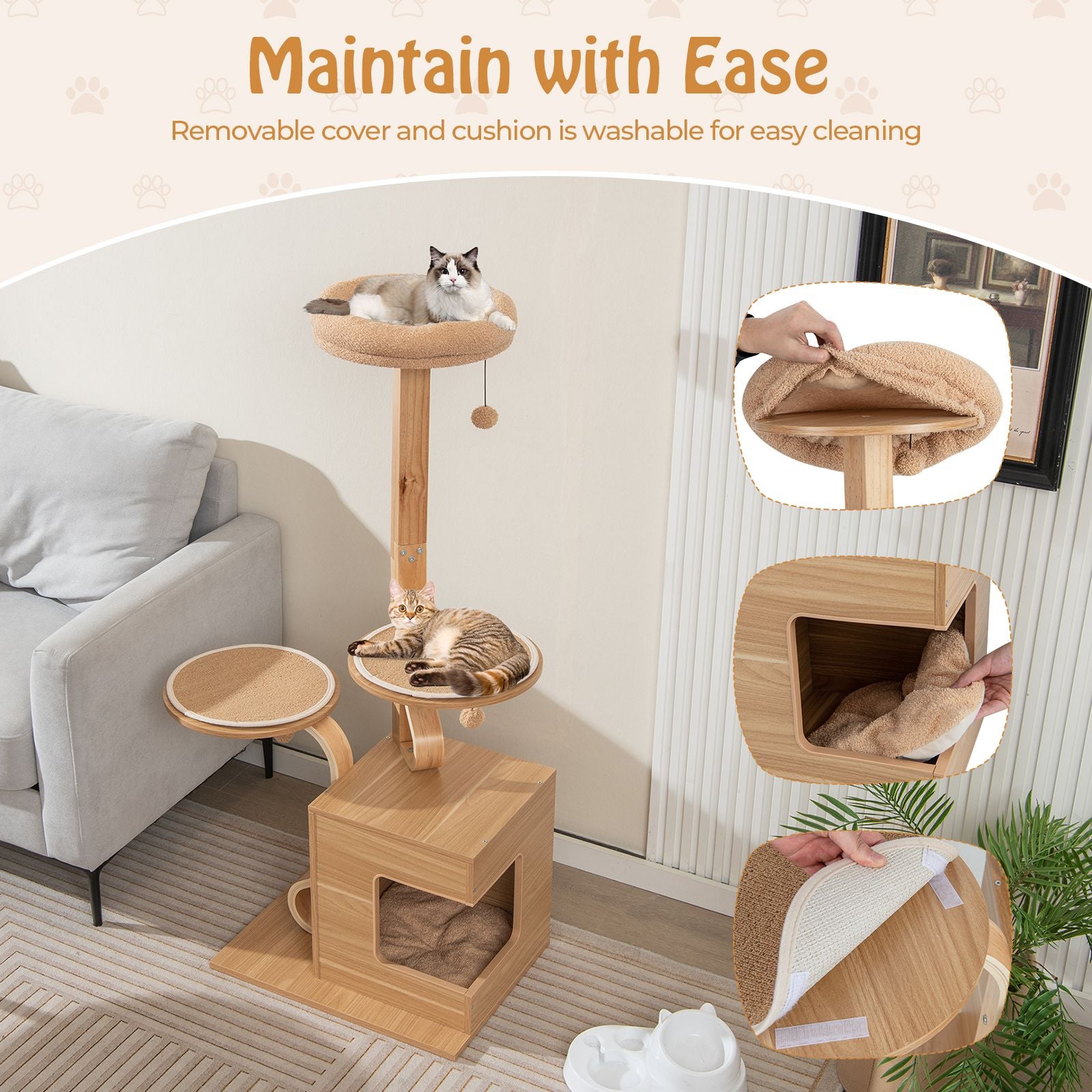 51 Inch Wooden Cat Tree with Solid Wood Post and Curved Plywood Frame