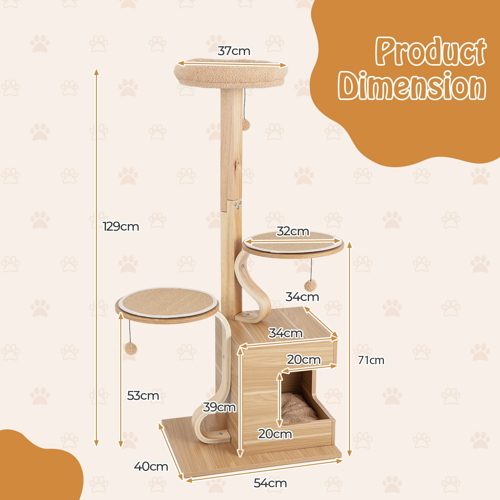 51 Inch Wooden Cat Tree with Solid Wood Post and Curved Plywood Frame