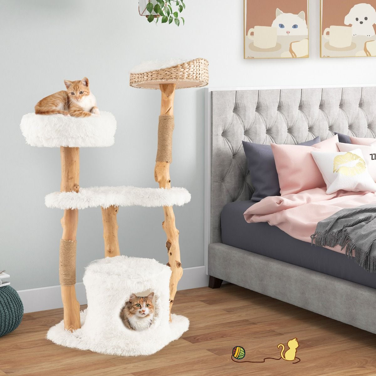 124 CM Tall Wooden Cat Tree with Jute Scratching Posts