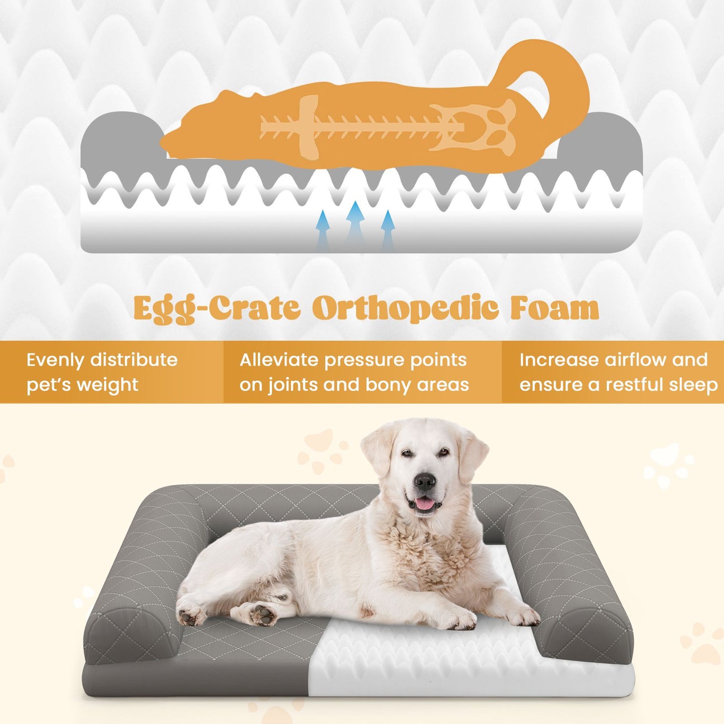 Orthopedic Dog Bed Egg-Foam Dog Crate Bed with 3-Side Bolster