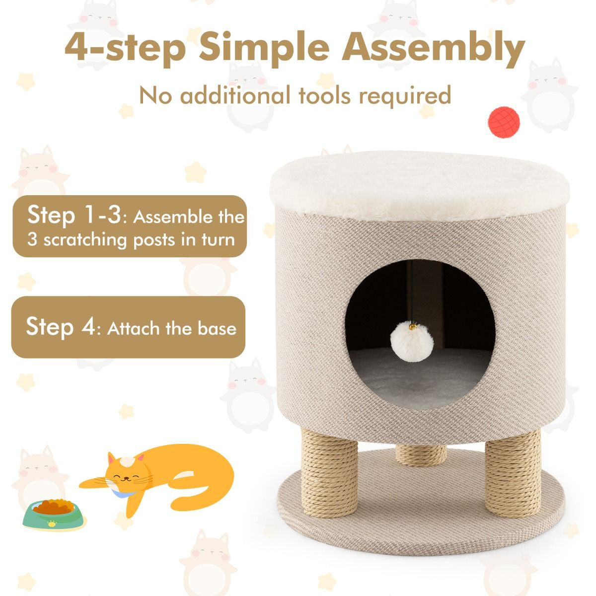 Cat Condo Stool for Indoor Cats with Scratching Posts and Plush Ball Toy