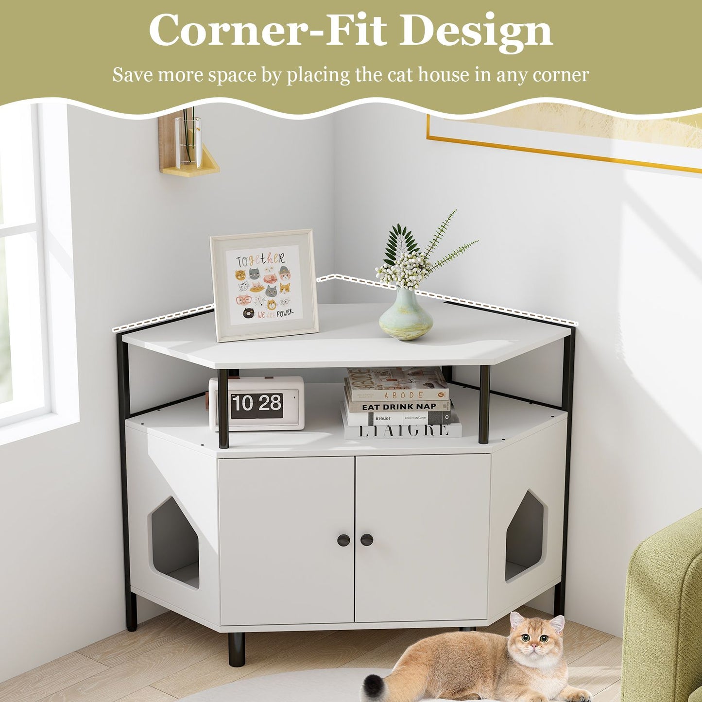 Corner Cat Litter Box Enclosure with Open Shelf