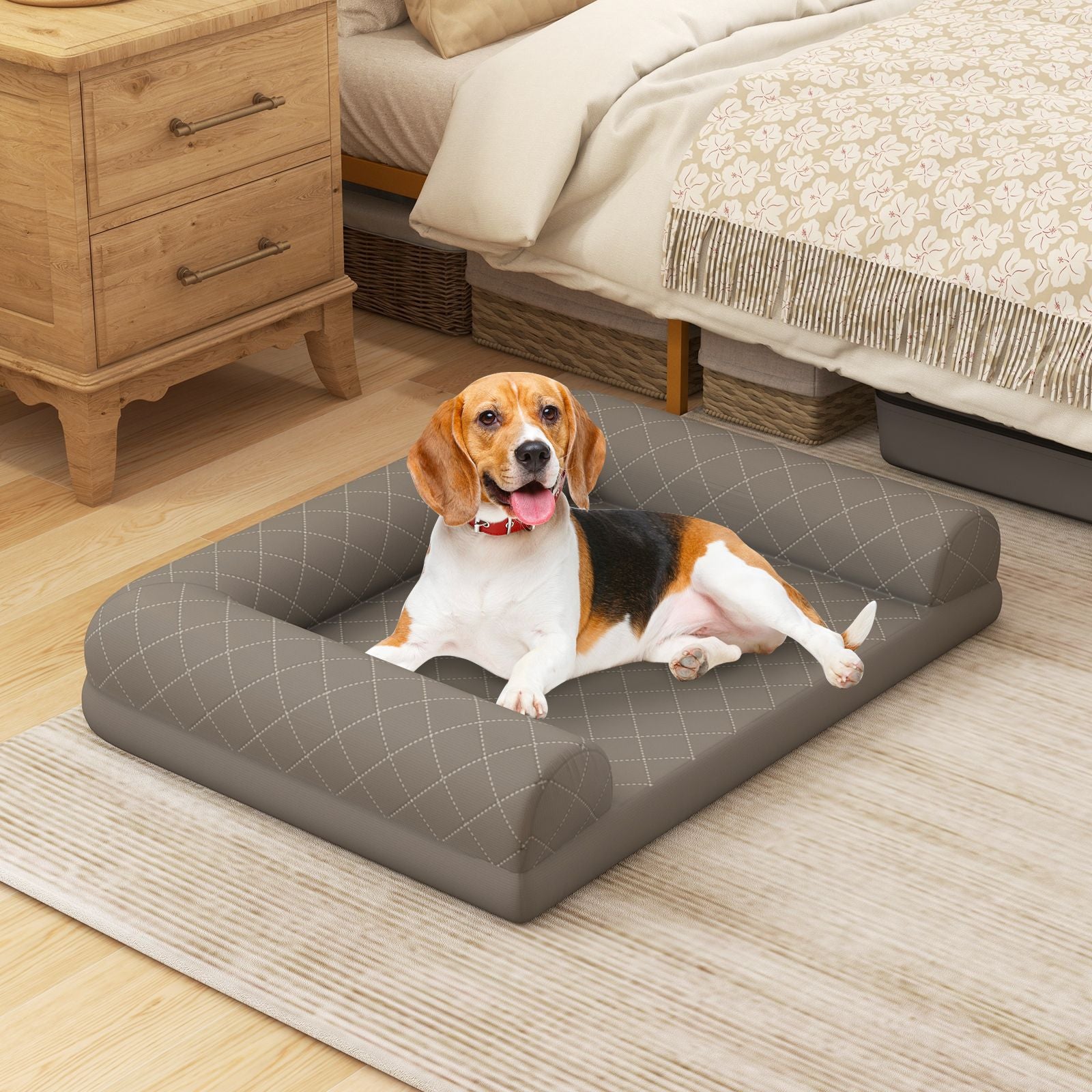 Orthopedic Dog Bed Egg-Foam Dog Crate Bed with 3-Side Bolster