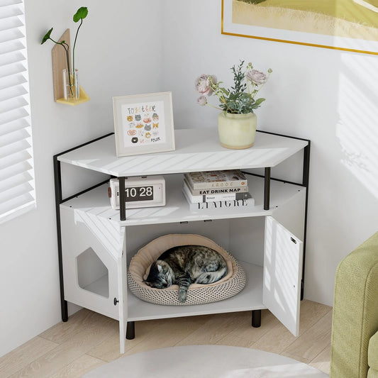 Corner Cat Litter Box Enclosure with Open Shelf