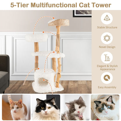 124 CM Tall Wooden Cat Tree with Jute Scratching Posts