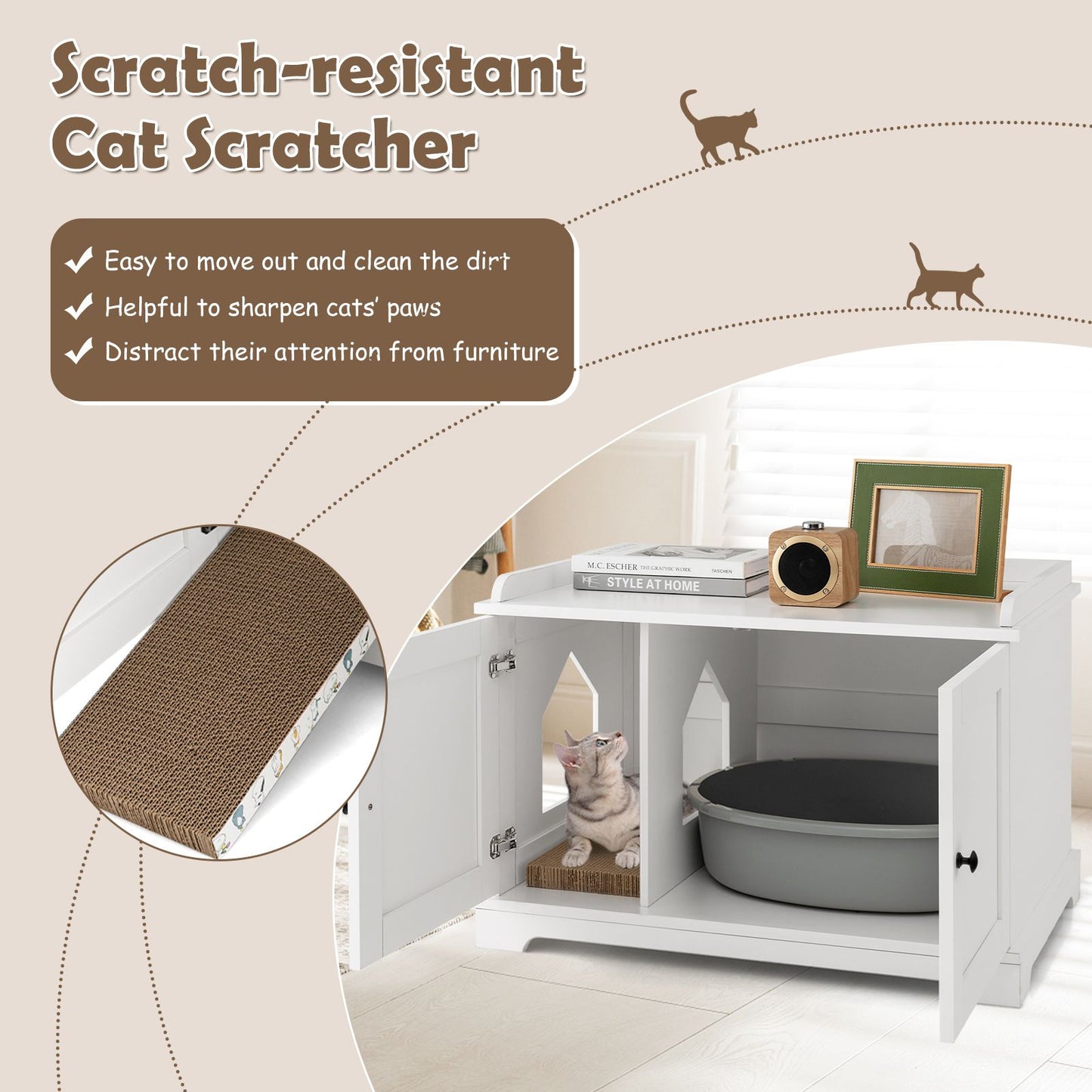 Cat Litter Box Enclosure with Scratching Pad and Adjustable Divider