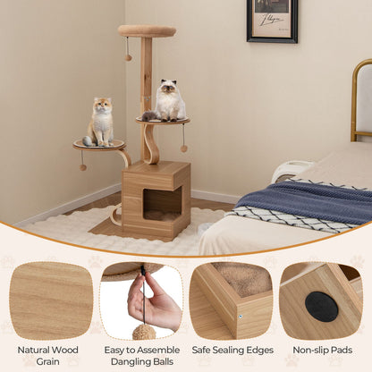 51 Inch Wooden Cat Tree with Solid Wood Post and Curved Plywood Frame