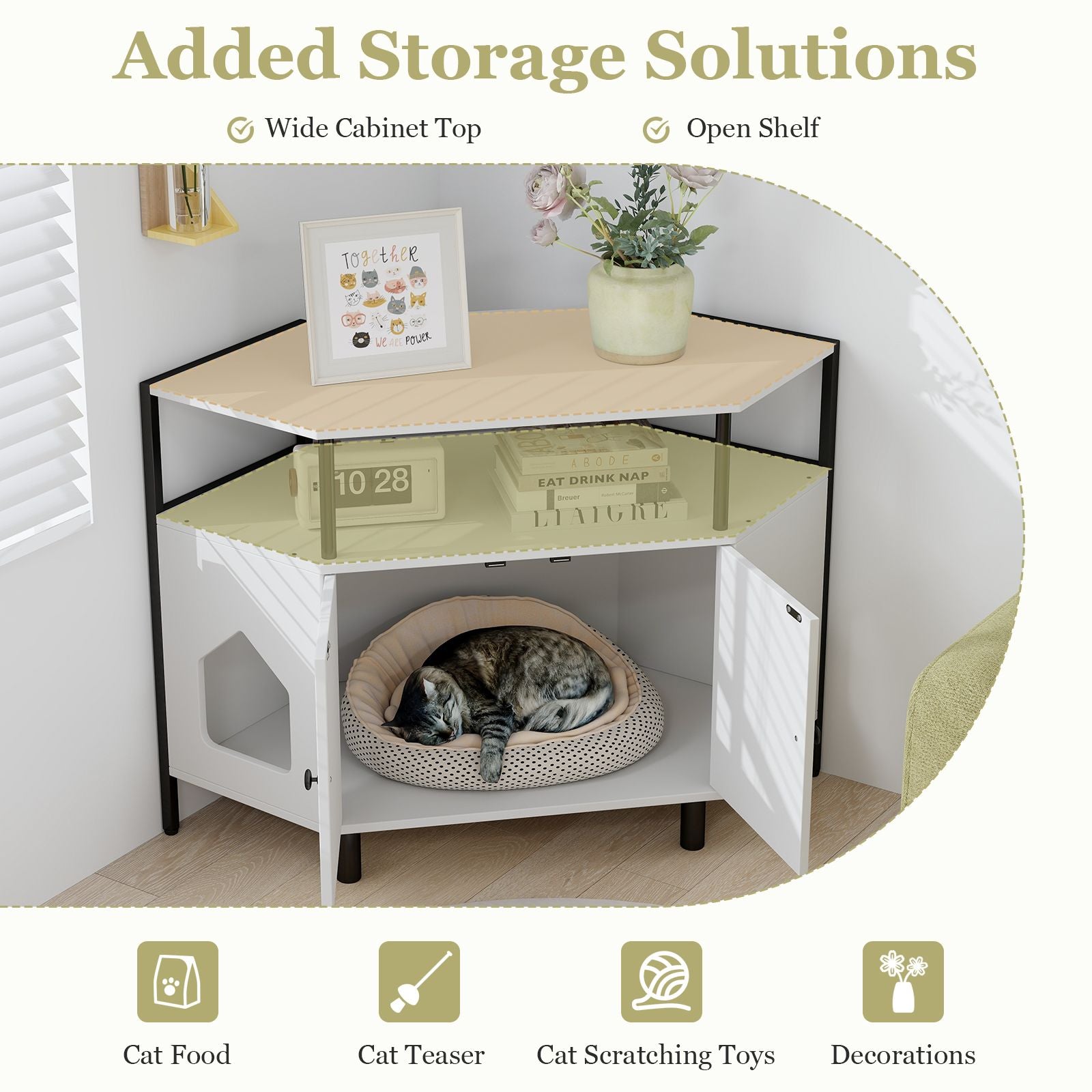 Corner Cat Litter Box Enclosure with Open Shelf