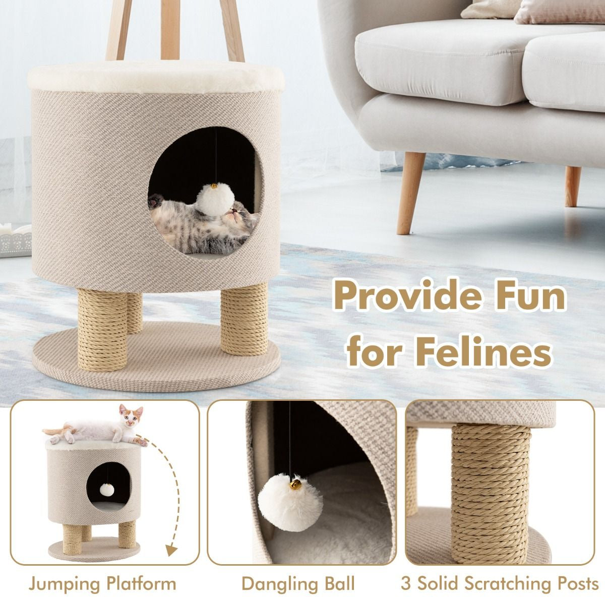 Cat Condo Stool for Indoor Cats with Scratching Posts and Plush Ball Toy