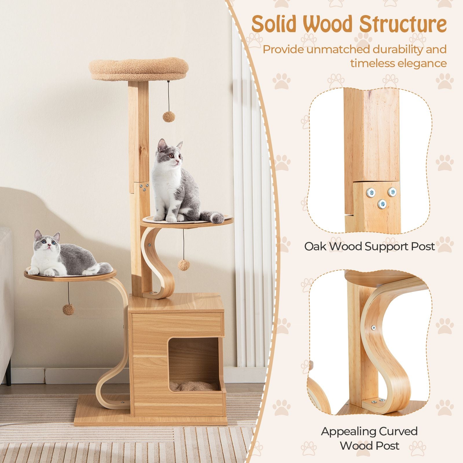 51 Inch Wooden Cat Tree with Solid Wood Post and Curved Plywood Frame