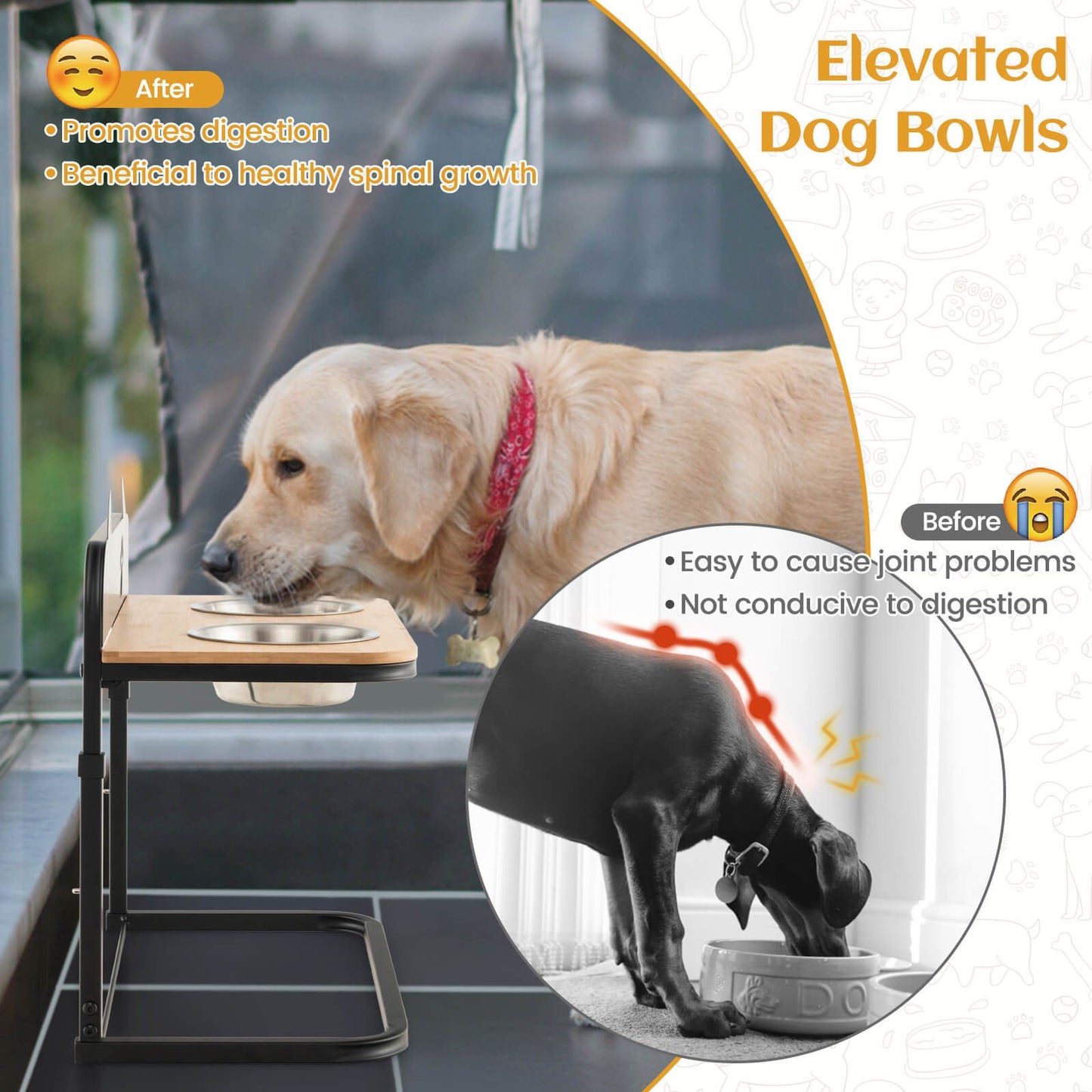 Elevated Dog Bowls Feeder with 3 Heights Adjustable and Marker