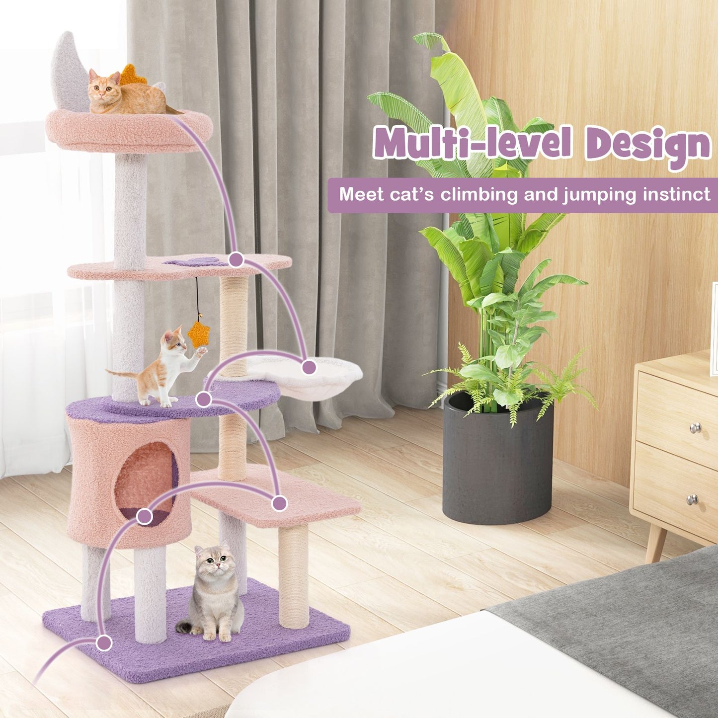 Multi-Level Cute Cat Tree with Sisal Covered Scratching Posts and Condo