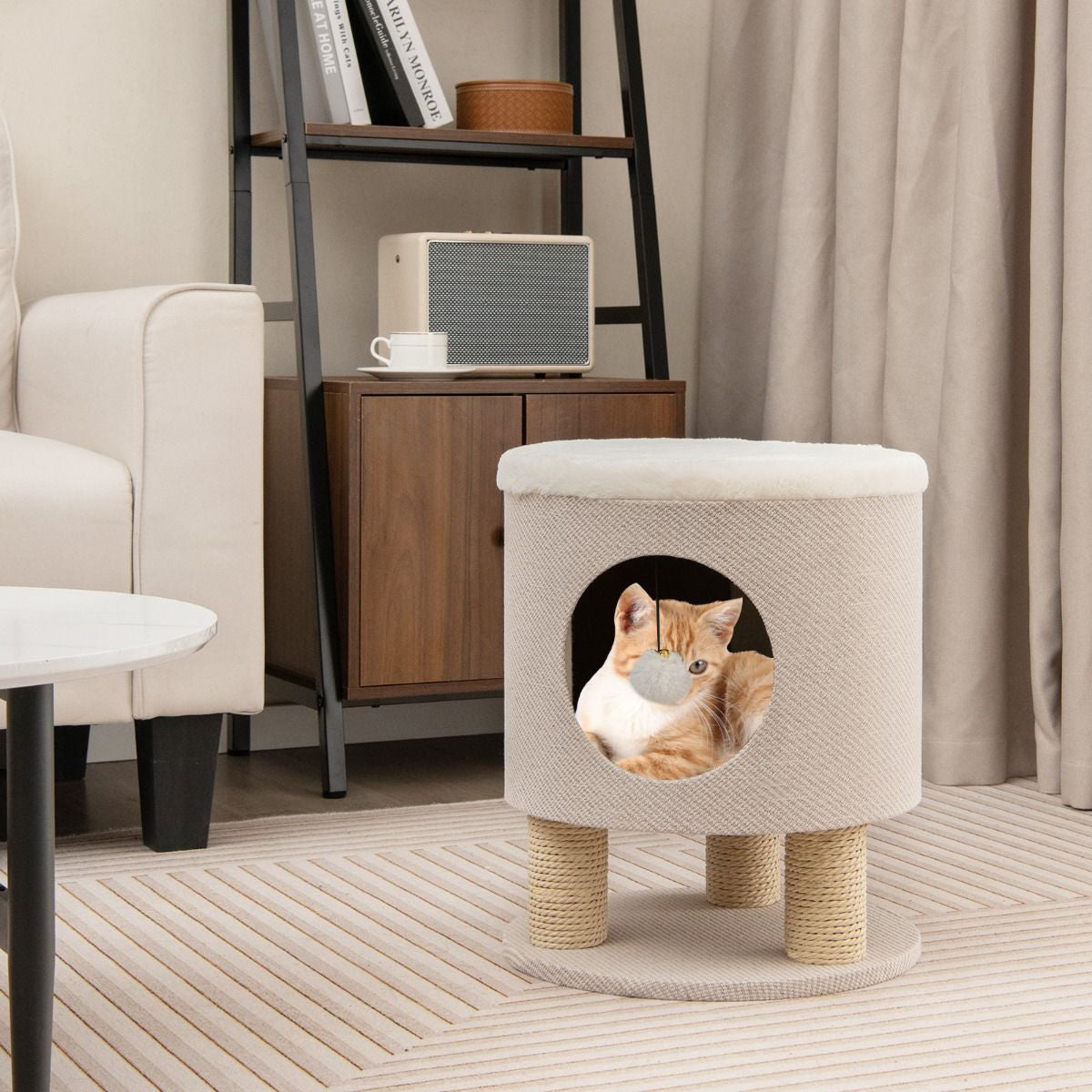 Cat Condo Stool for Indoor Cats with Scratching Posts and Plush Ball Toy