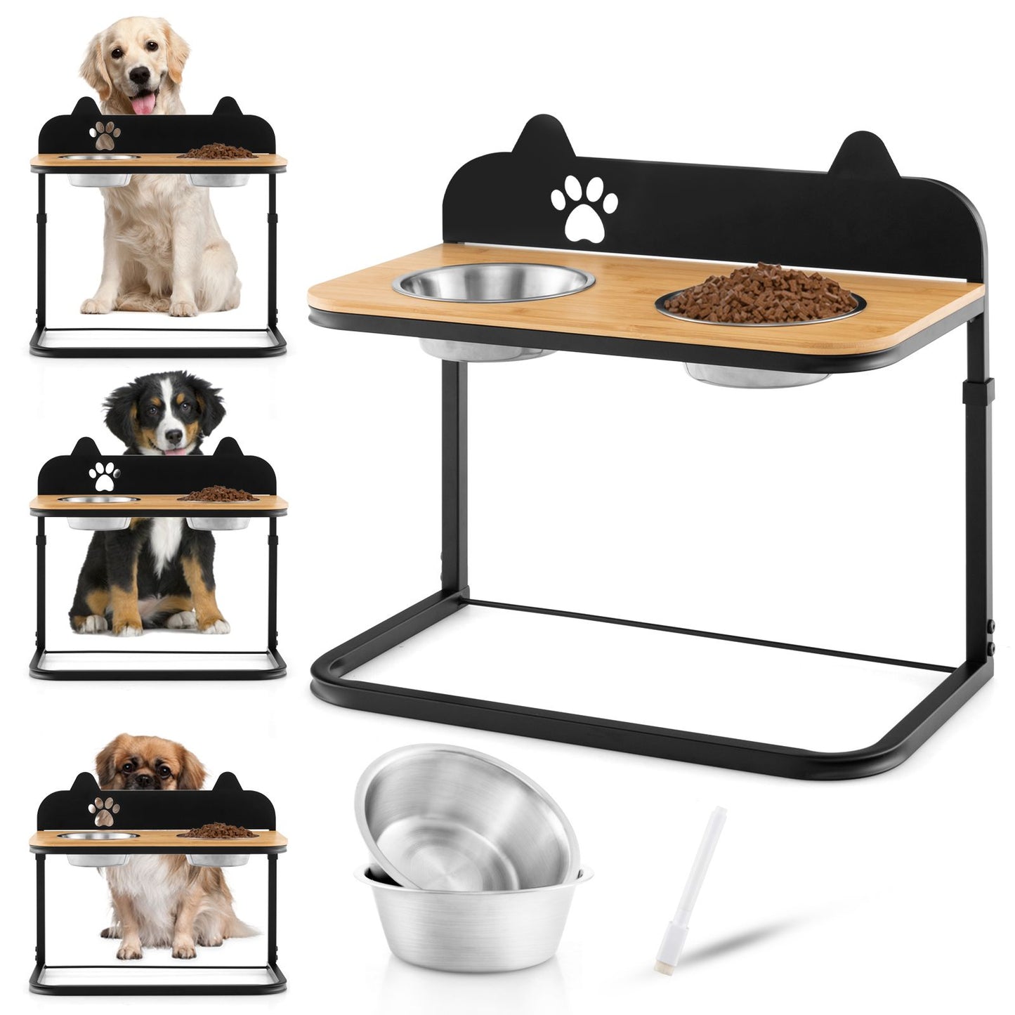 Elevated Dog Bowls Feeder with 3 Heights Adjustable and Marker