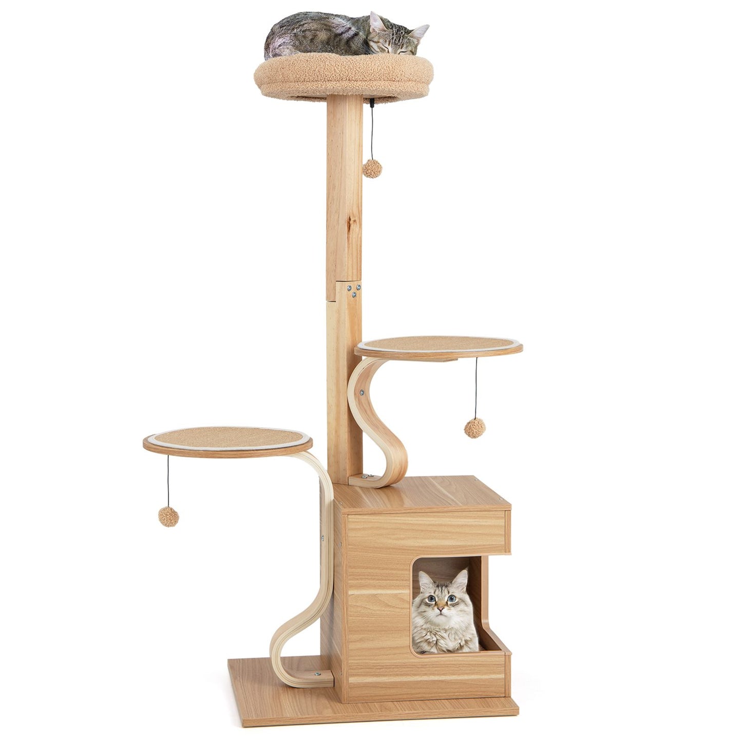 51 Inch Wooden Cat Tree with Solid Wood Post and Curved Plywood Frame