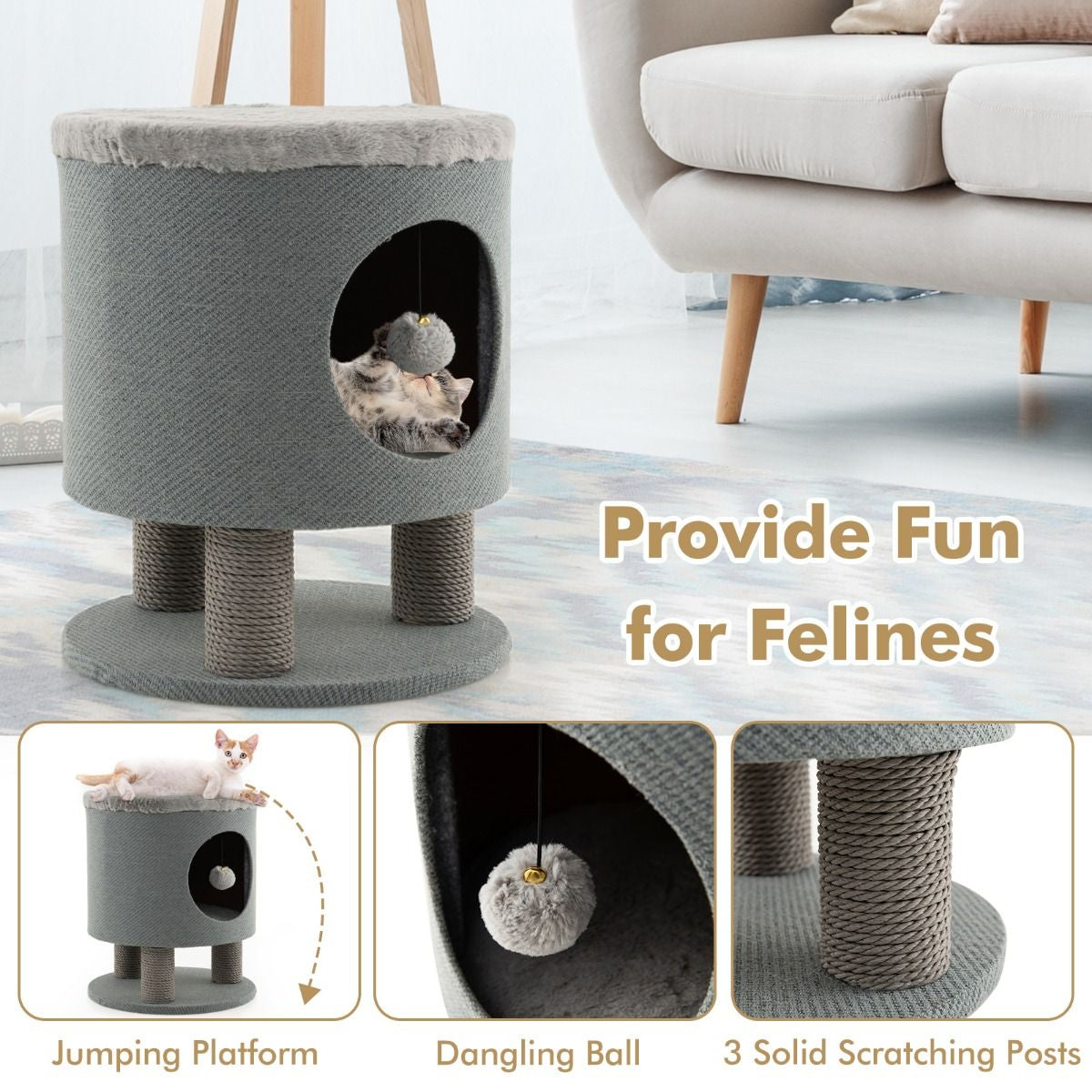 Cat Condo Stool for Indoor Cats with Scratching Posts and Plush Ball Toy