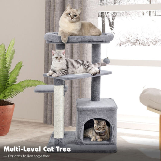 4-Layer Cat Tree with Scratching Posts Cat Condo Dangling Ball