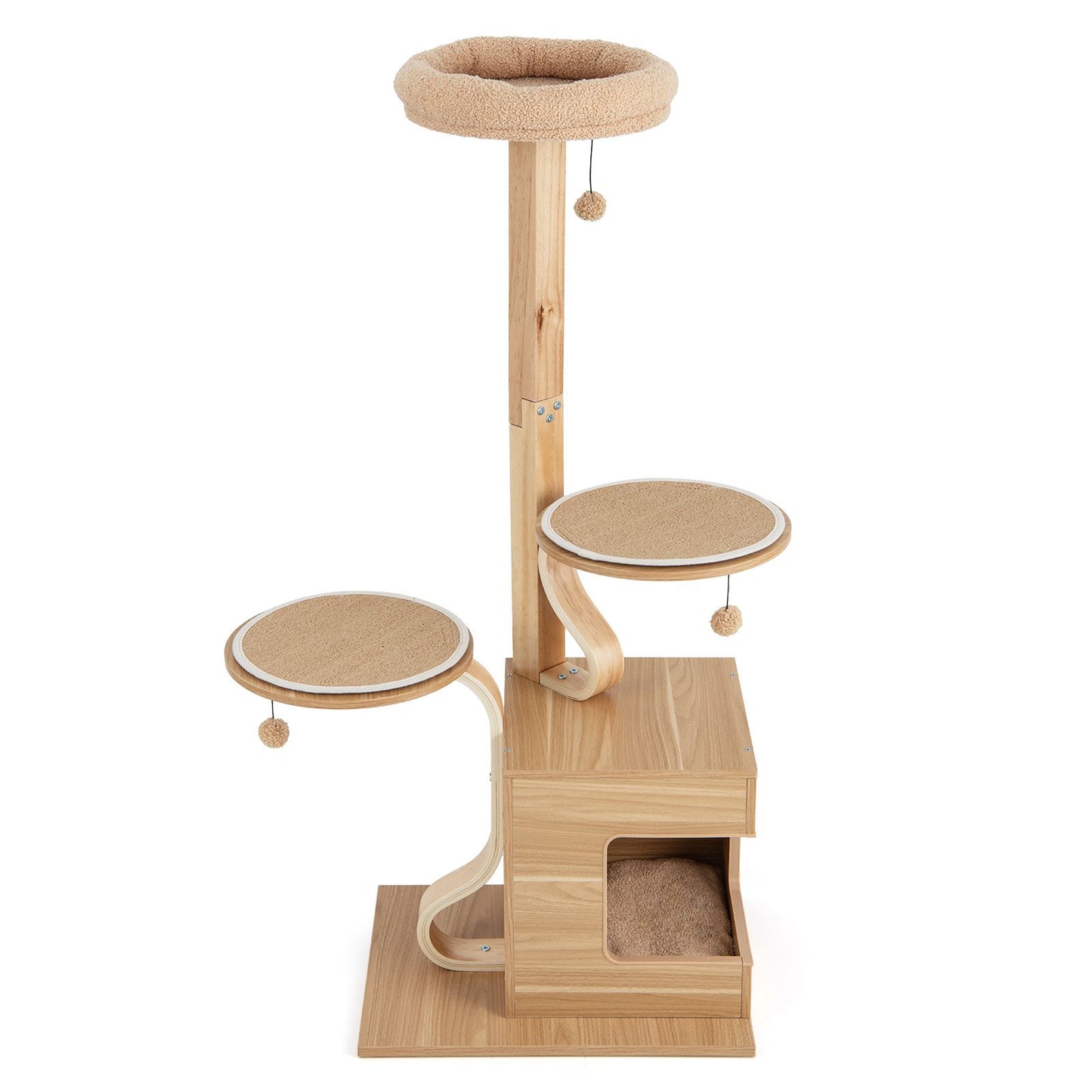 51 Inch Wooden Cat Tree with Solid Wood Post and Curved Plywood Frame